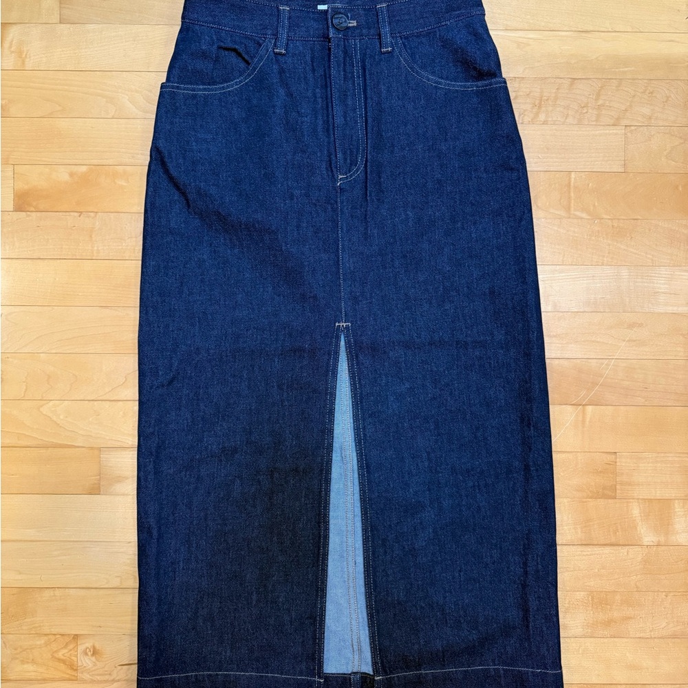 Babaton Indigo Denim Midi Skirt with Front Slit